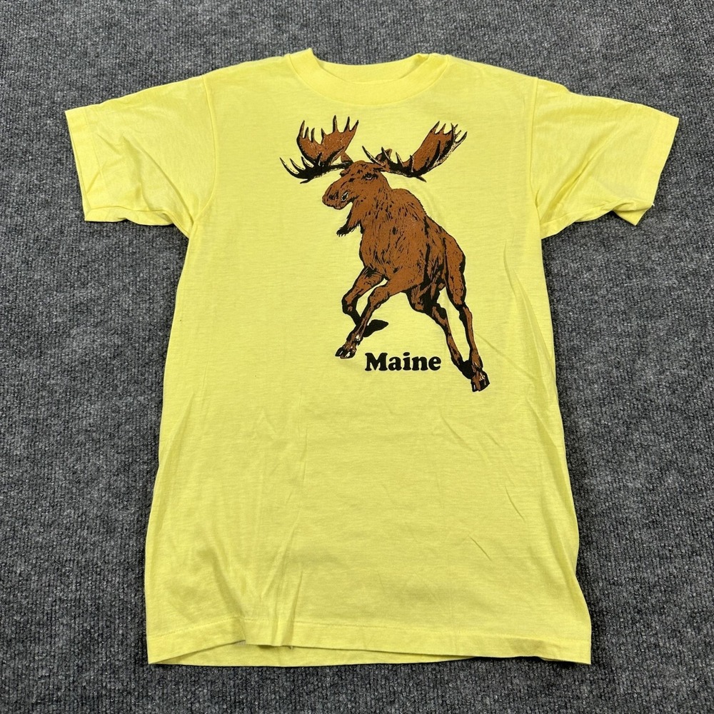 Vintage Maine Moose Shirt Mens Small Yellow Hanes 50/50 Graphic Made USA 80s